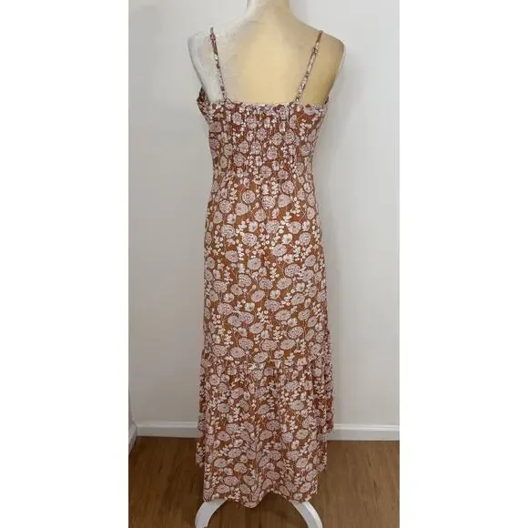 Saks Fifth Avenue Floral Ruffle Linen Blend Midi Dress Size L Brown White - Picture 8 of 12